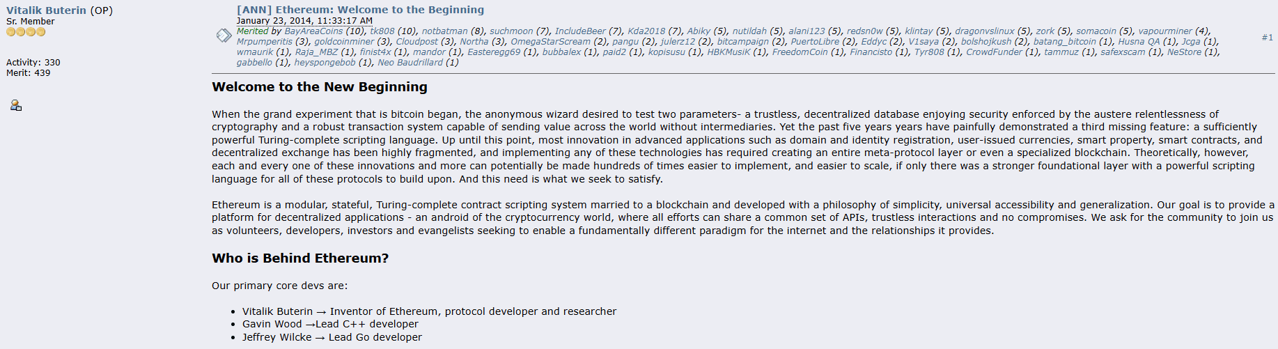 Original Ethereum Announcement Forum Documentation